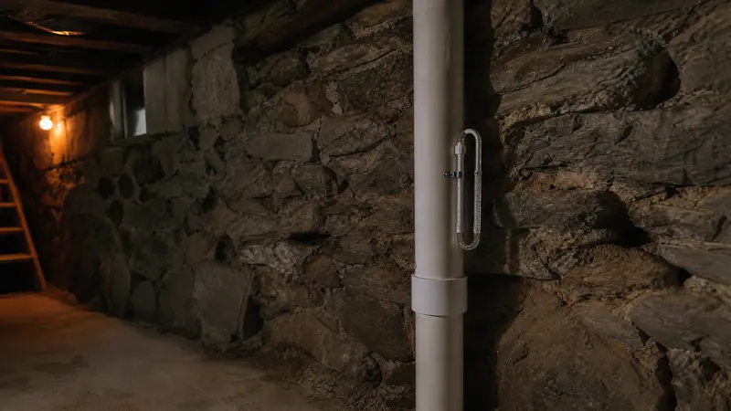 Mortar gaps in a fieldstone foundation wall in a century-old basement