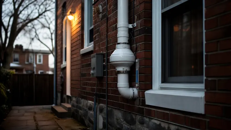 Historic York brick rowhome exterior with a discreet radon vent pipe at the rear