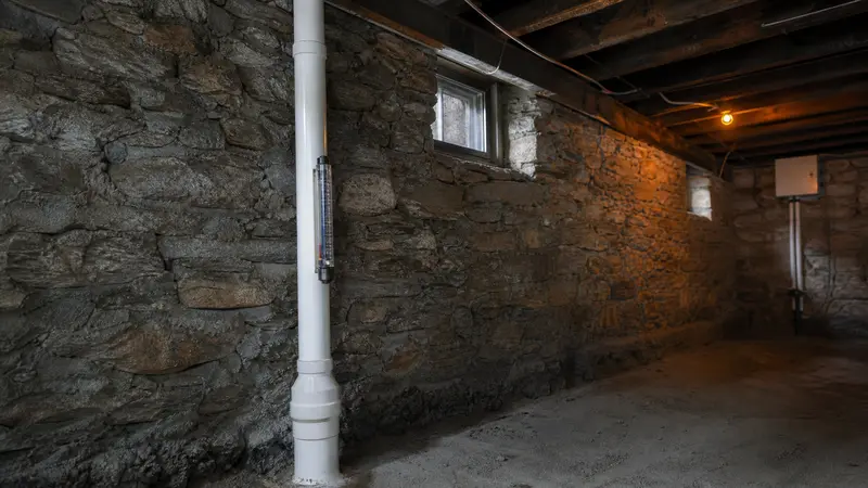 Old fieldstone basement wall in a historic York house with a new radon suction pipe