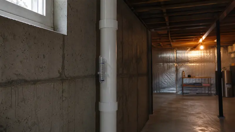 Passive radon vent pipe running up through an unfinished basement