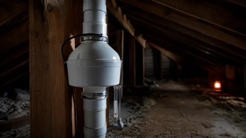 Newly added radon fan on a passive pipe in a garage attic