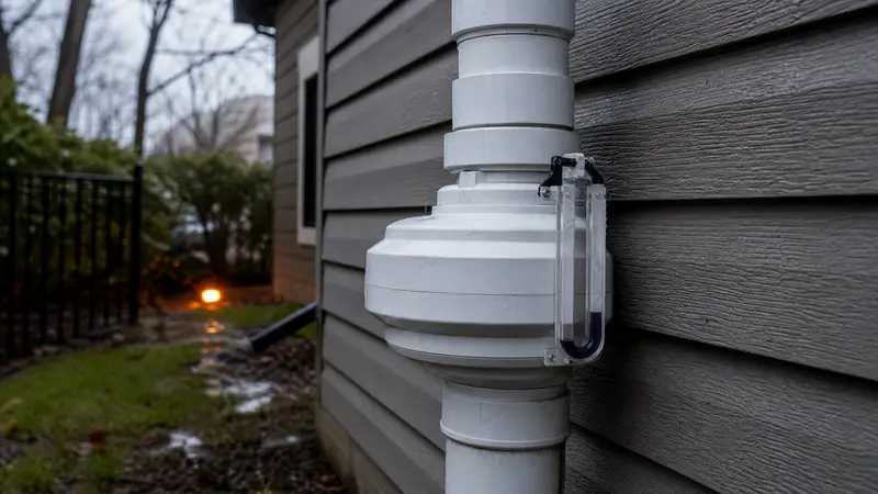 U-tube manometer with level liquid showing a radon fan that has stopped