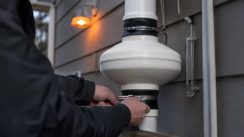 Rubber couplings and band clamps being tightened on a radon fan