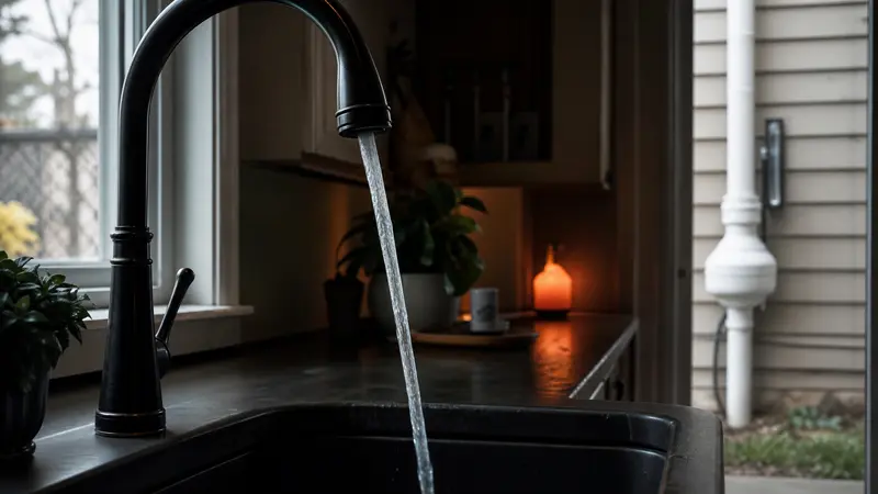 Water running from a kitchen faucet in a home on well water