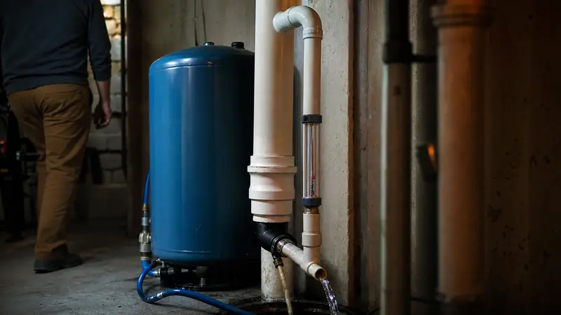 Aeration radon water treatment system installed beside a well pressure tank in a basement