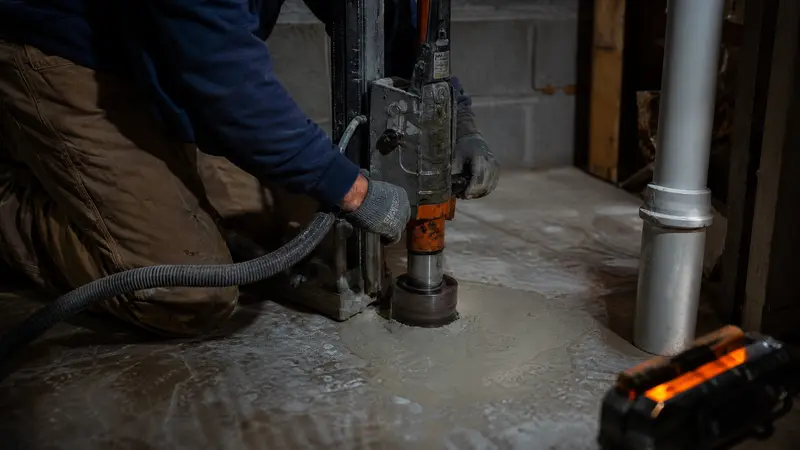 Installer’s hands coring a suction hole through a basement concrete slab