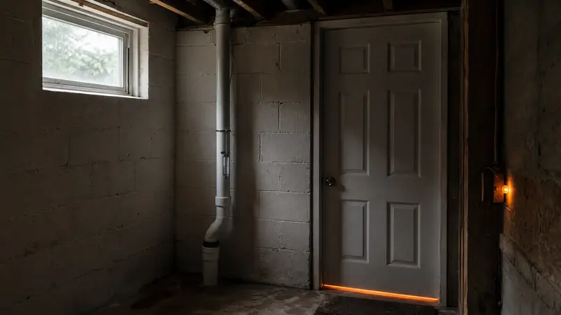 Closed basement window and door during a closed-house radon test