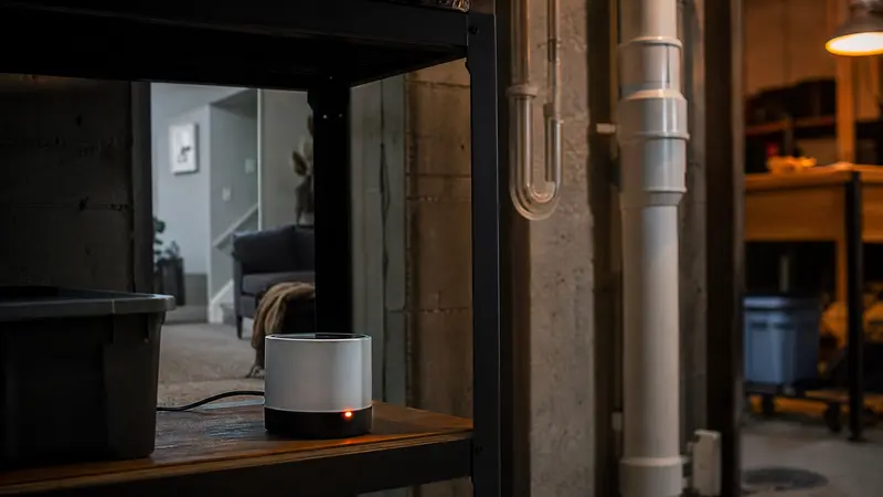 Continuous radon monitor sitting on a shelf in the lowest level of a home