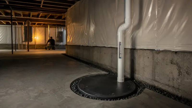 Radon suction pipe connected to a sealed sump lid with perimeter drain tile